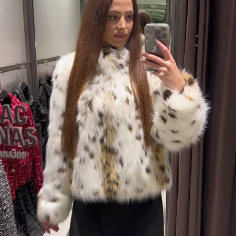 Zara White Faux Fur Teddy Jacket with Brown and Black Spots